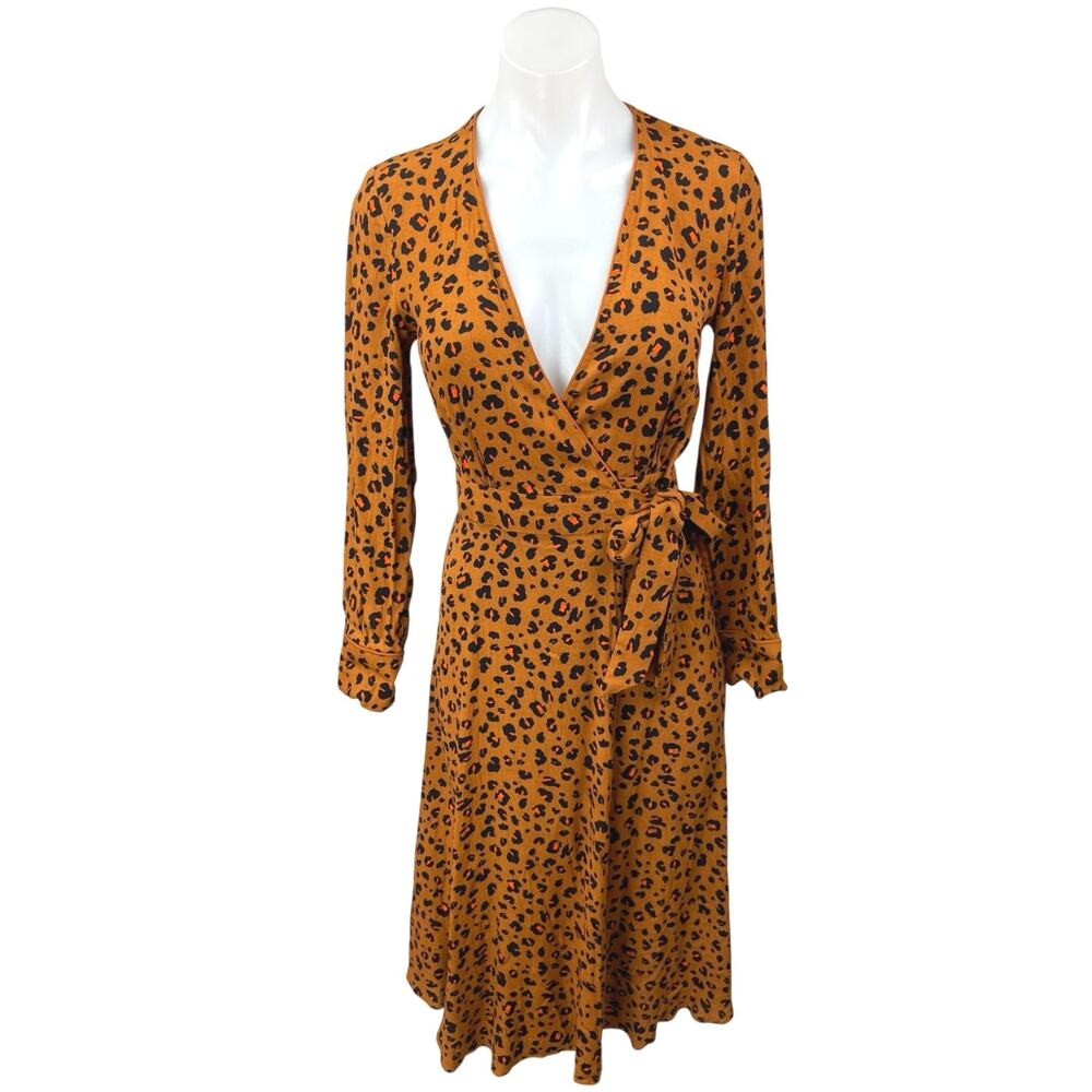 & Other Stories Tan Black Leopard Cheetah Long Sleeve A Line Midi Wrap Dress 0